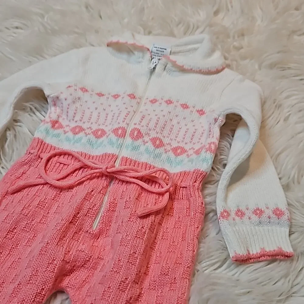 Vintage 70's Baby Girl Pink and White Sweater knit Jumpsuit One-piece